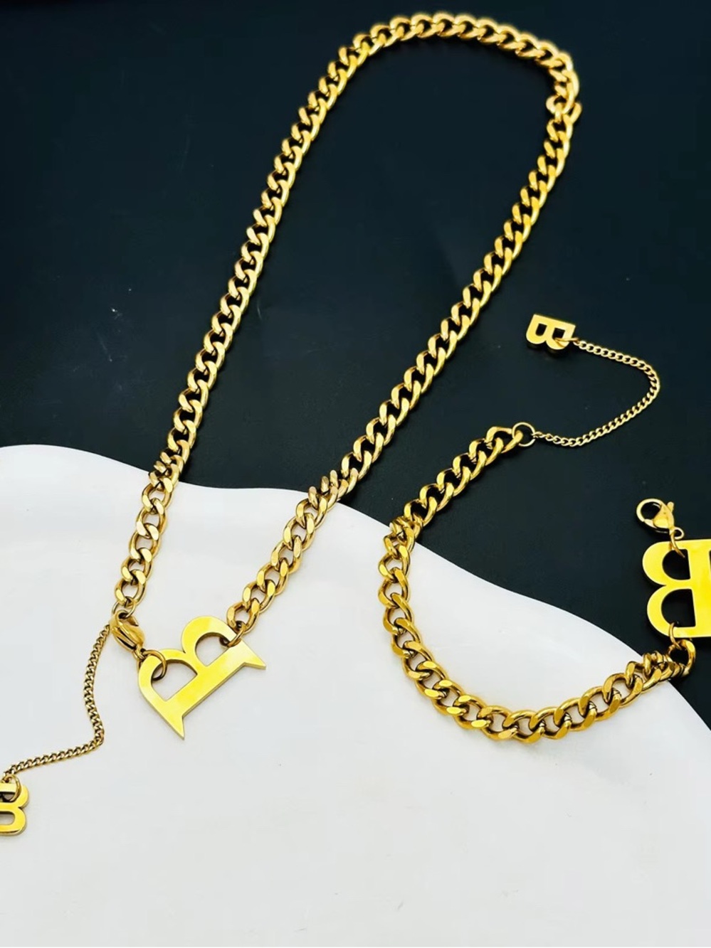 Gold Initial B Necklace and Bracelet Set - Women Jewelry